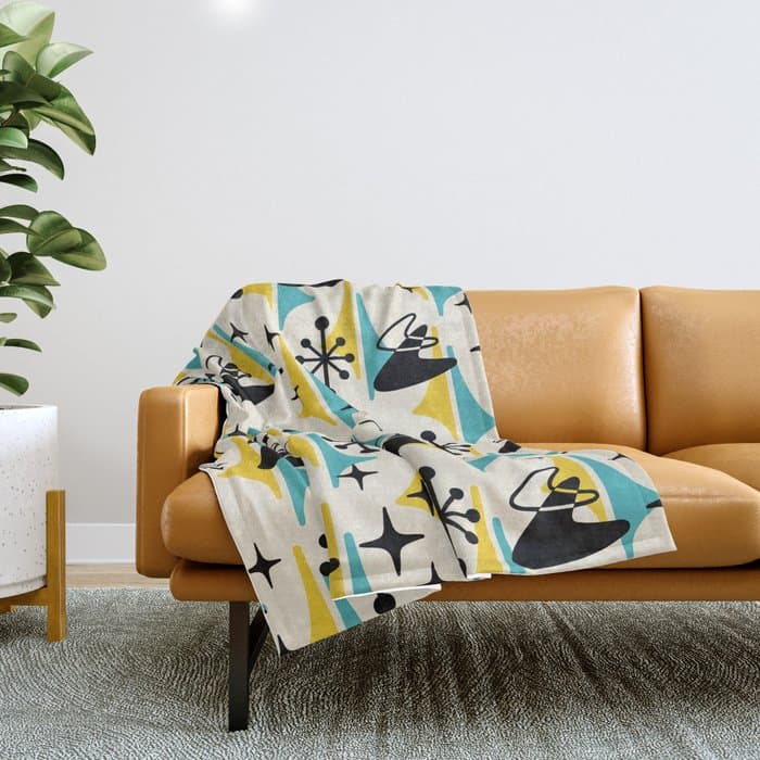 Mid Century Modern Cosmic Boomerang 726 Black Turquoise and Yellow Throw Blanket