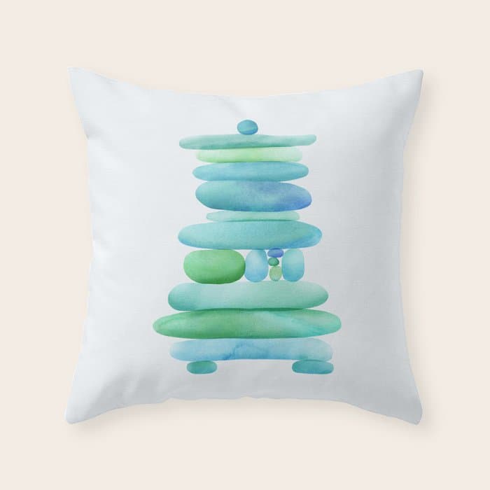 Sea Glass Cairn Watercolor - Teal and Blue Throw Pillow