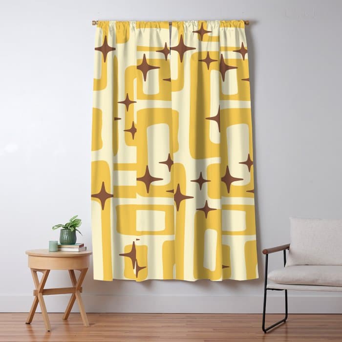 Retro Mid Century Modern Abstract Pattern 577 Yellow Brown Window Curtain