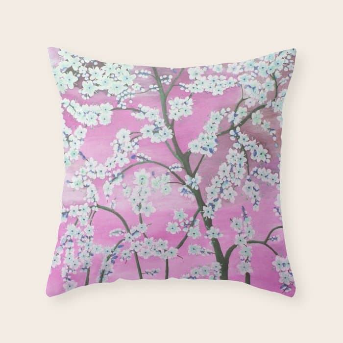Elegant white pink floral painting pattern Throw Pillow