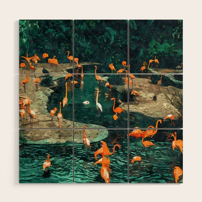 Flamingo Creek #flamingo #tropical #illustration Wood Wall Art
