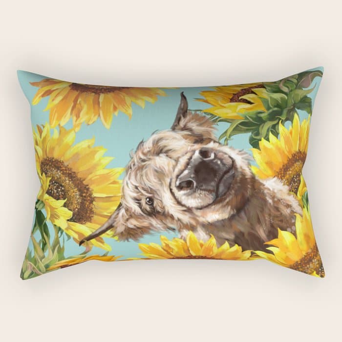 Highland Cow with Sunflowers in Blue Rectangular Pillow