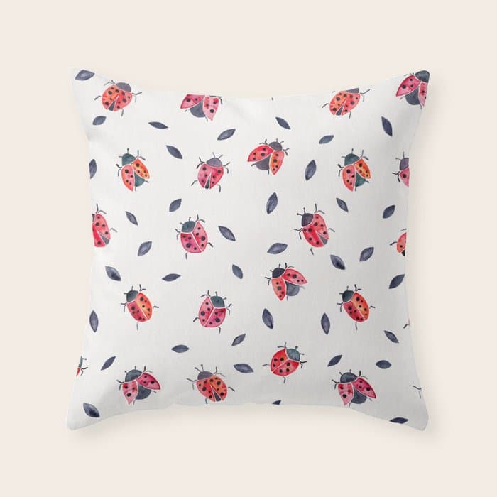 Lucky Ladybugs & Black Leaves Throw Pillow