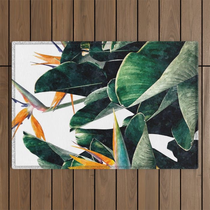 Paradise Bird, Nature Botanical Plant Floral, Tropical Garden Watercolor Painting Outdoor Rug
