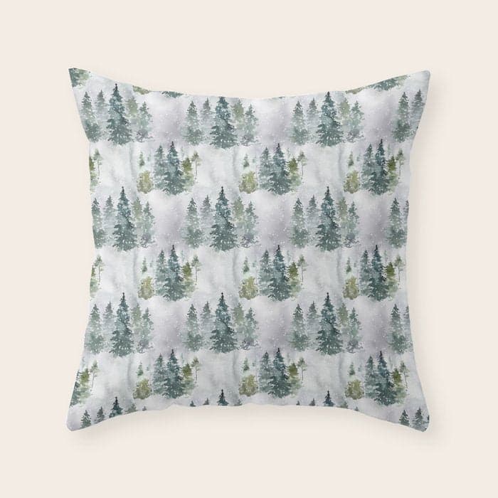Watercolor forest green snow Christmas pine tree Throw Pillow