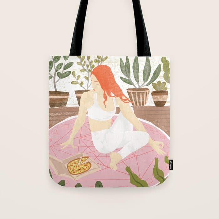Yoga + Pizza, Red Head Woman Work Out Stay At Home, Ginger Plant Lady Home Decor Food Illustration Tote Bag