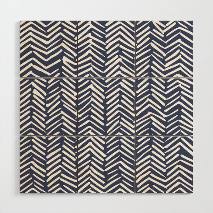 Boho Herringbone Pattern, Navy Blue and White Wood Wall Art