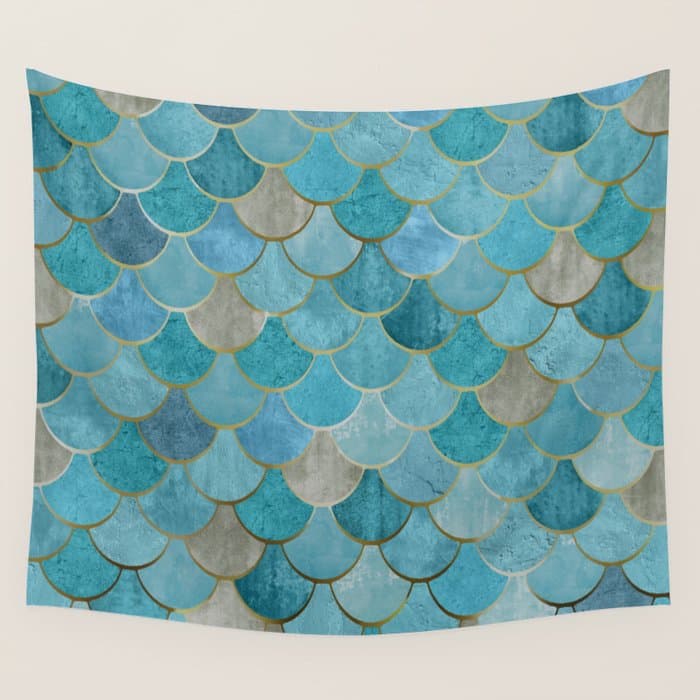 Moroccan Fish Scale Mermaid Pattern, Teal Blue and Gold Wall Tapestry