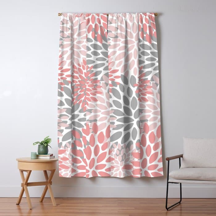 Floral Pattern, Coral Pink and Gray Window Curtain