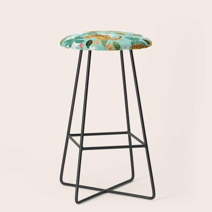Cheetah Jungle, Wildlife Nature Wild Cats Tigers Leopard Botanical Animals Mint Quirky Illustration Stool