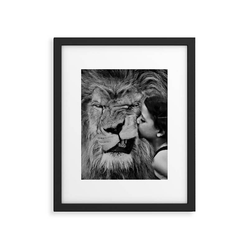 Grouchy Lion Being Kissed By Brunette Girl Black And White Photography Framed Art Print