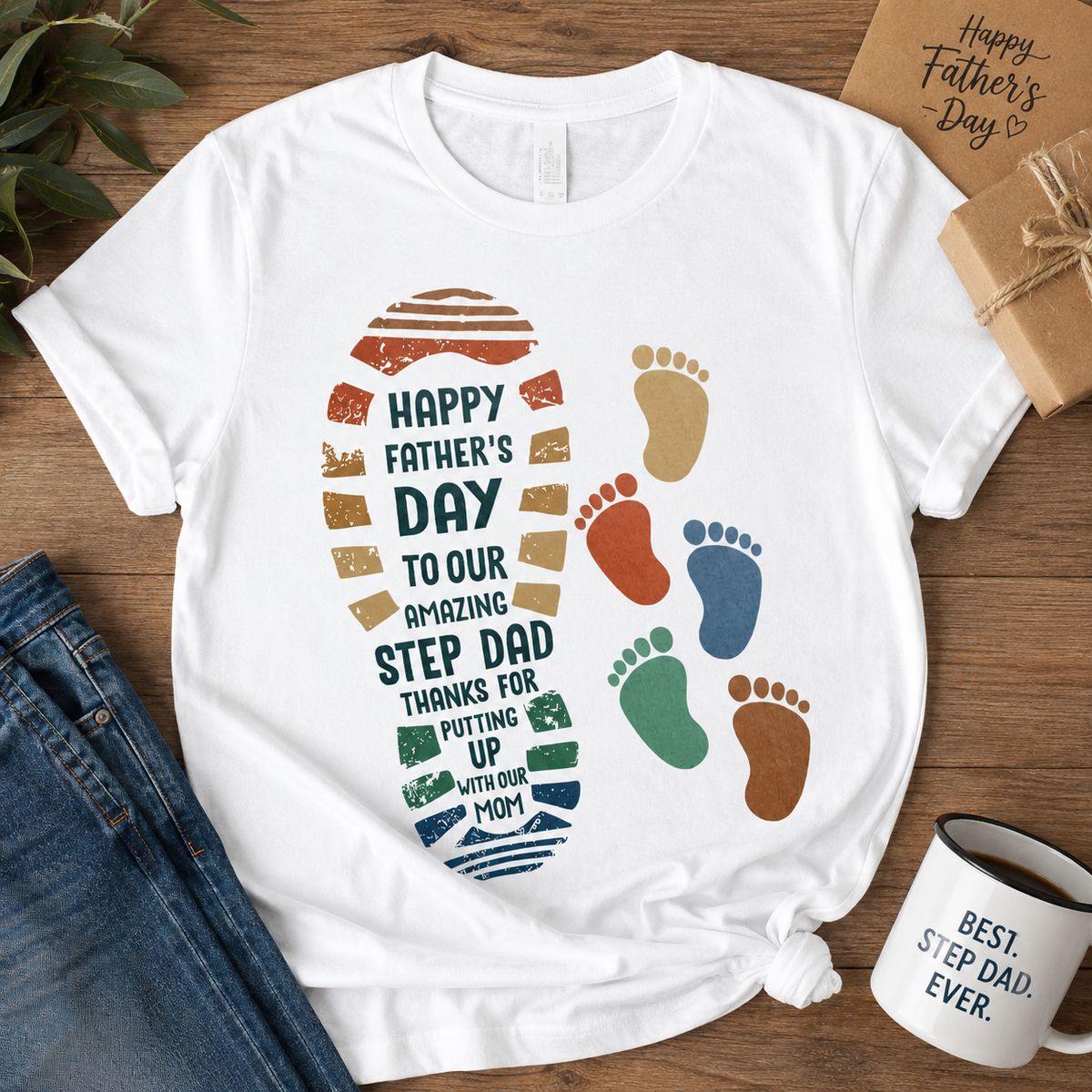 Personalized Step Dad Footprints Father's Day Gift T-Shirt