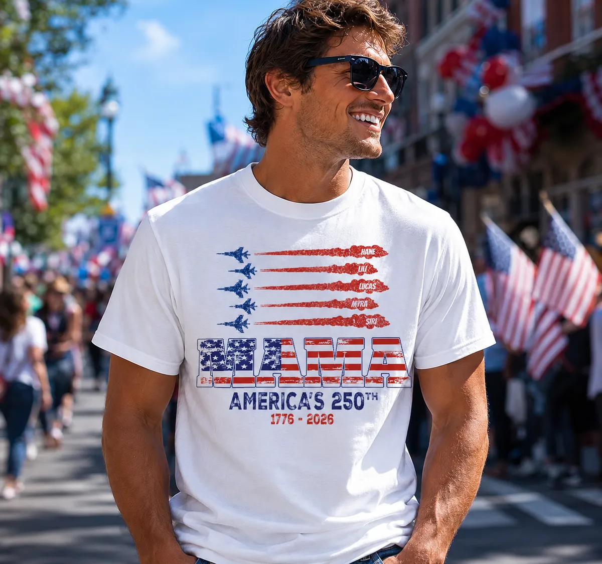 Custom Adult America's 250th Anniversary Shirt, Personalized Adult & Kids Names Patriotic USA 1776-2026