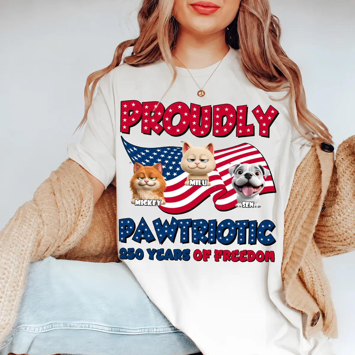 Proudly Patriotic 250 Years of Freedom Shirt, Personalized Cat & Dog Independence Day Tee, Custom Pet Names USA Flag T-Shirt, Fourth of July Gift