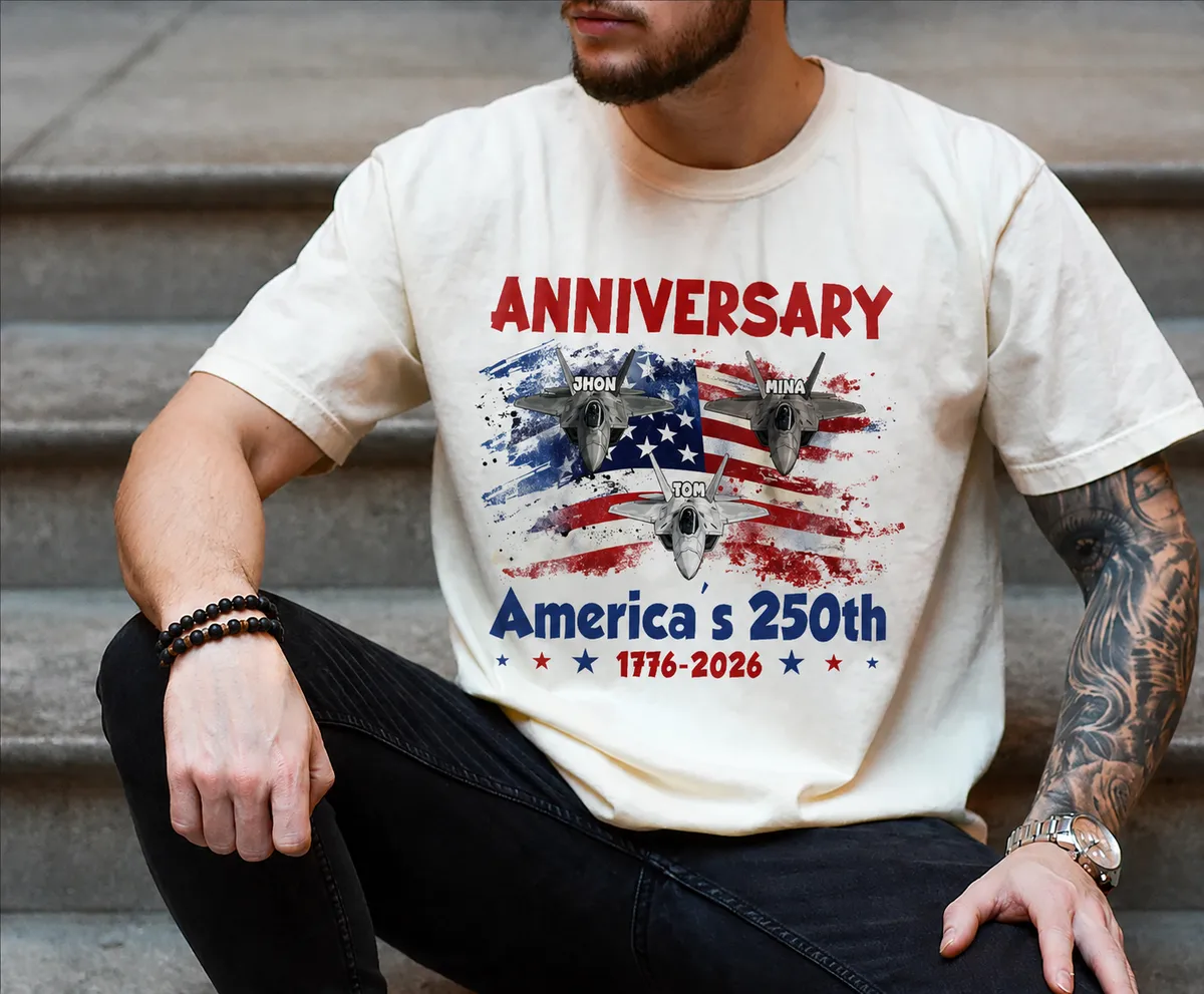 Personalized America’s 250th Anniversary Shirt 2026 – Custom Names Fighter Jet Patriotic T-Shirt, USA 250 Years Celebration Tee, Independence Day Gift