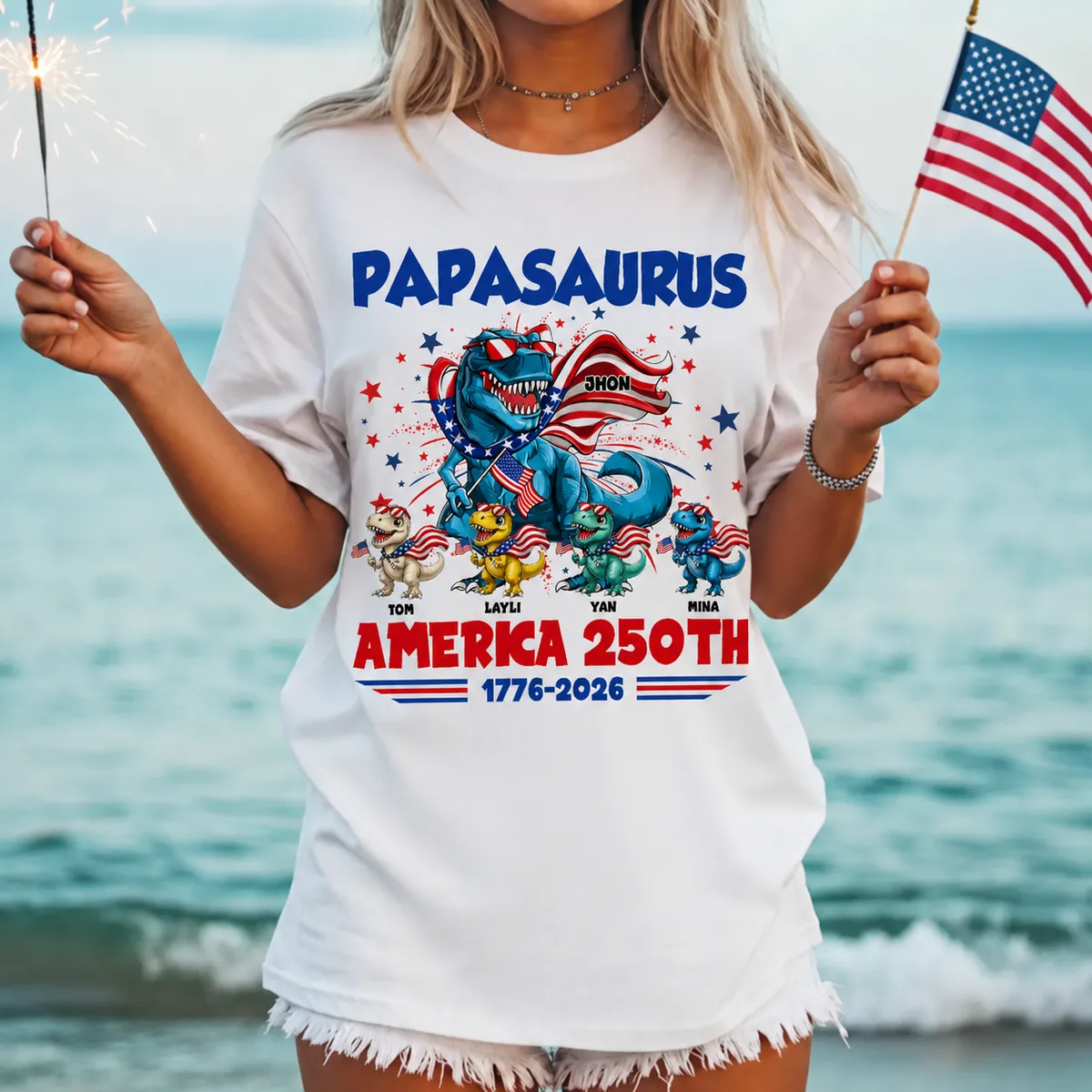 Personalized Dinosaur Family America 250th Anniversary Shirt – Patriotic T-Rex Family Custom Names, USA Independence Day 1776-2026, Fourth of July Matching Family Tee