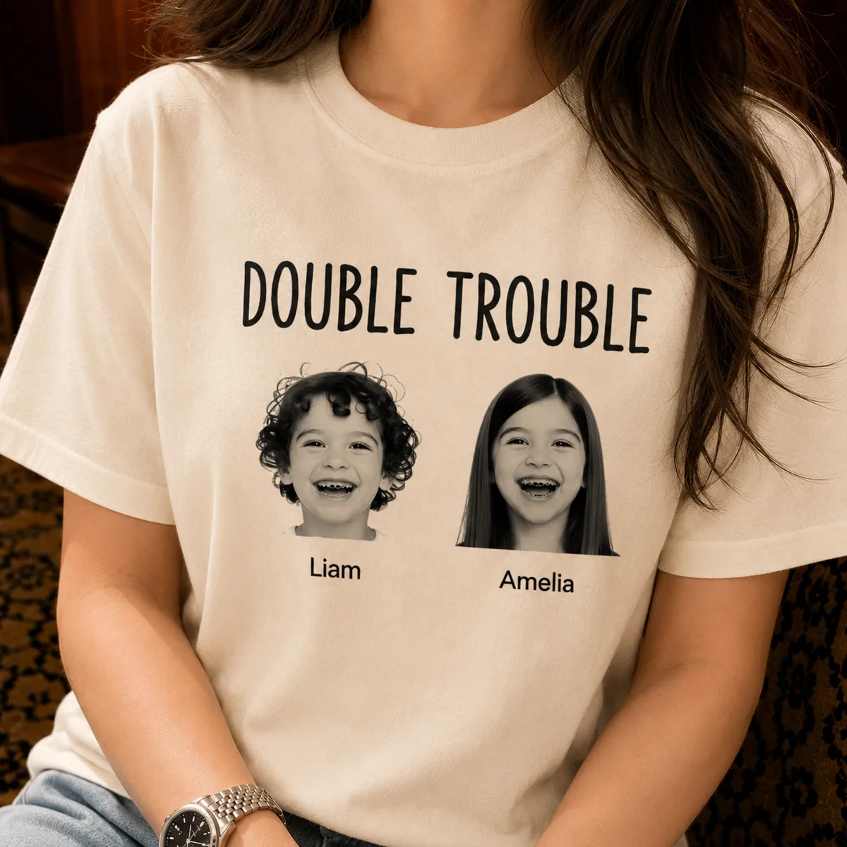Double Trouble Kids Photo Shirt, Personalized Sibling Photo T-Shirt with Names, Funny Brother Sister Picture Tee