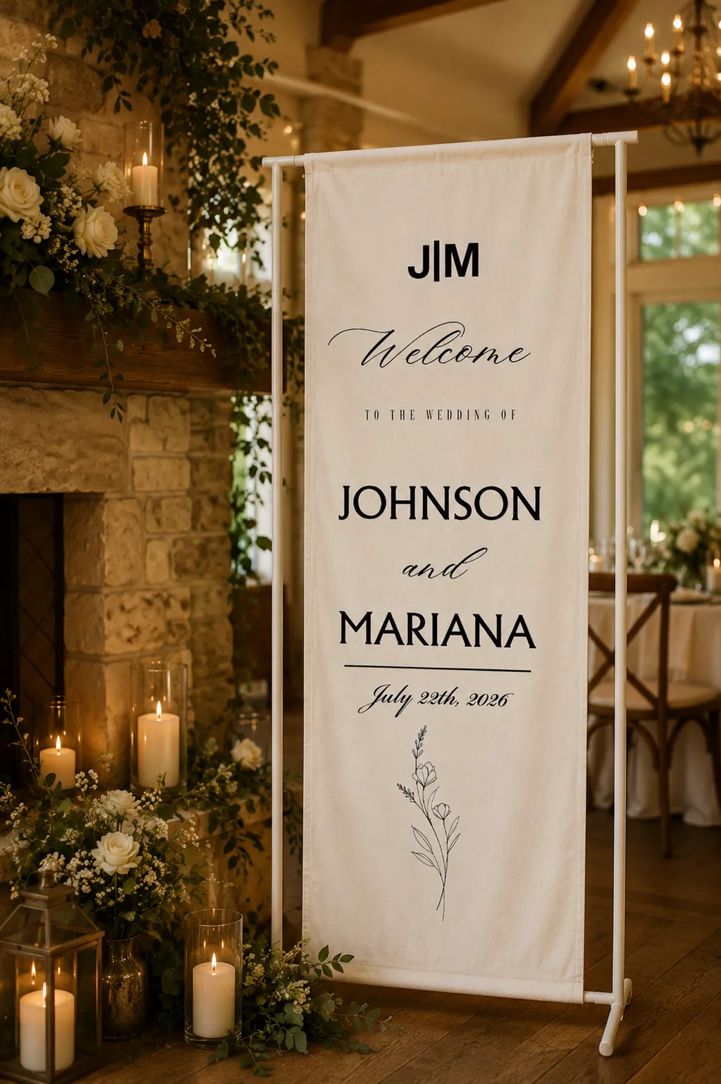 Custom Cotton Linen Wedding Welcome Tapestry with Personalized Names and Elegant Calligraphy Design