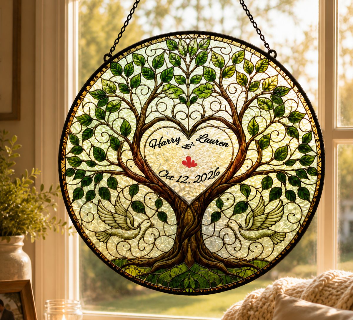 Custom Stained Glass Wedding Tree Suncatcher Gift For Couple
