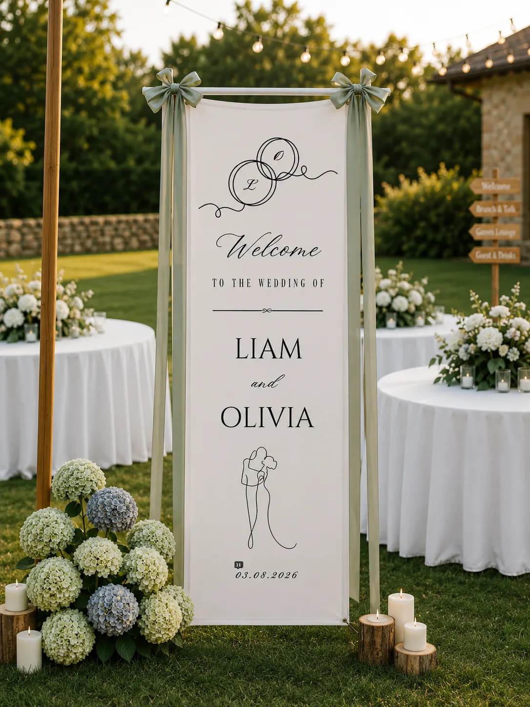 Personalized Cotton Linen Wedding Tapestry – Custom Welcome Sign with Wedding Rings, Couple Line Art and Elegant Calligraphy