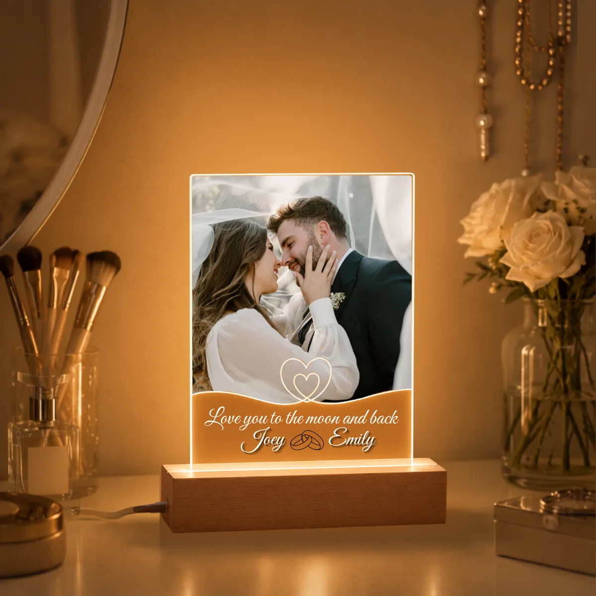 Custom Photo Wooden LED Light Lamp Love You To The Moon Gift For Him