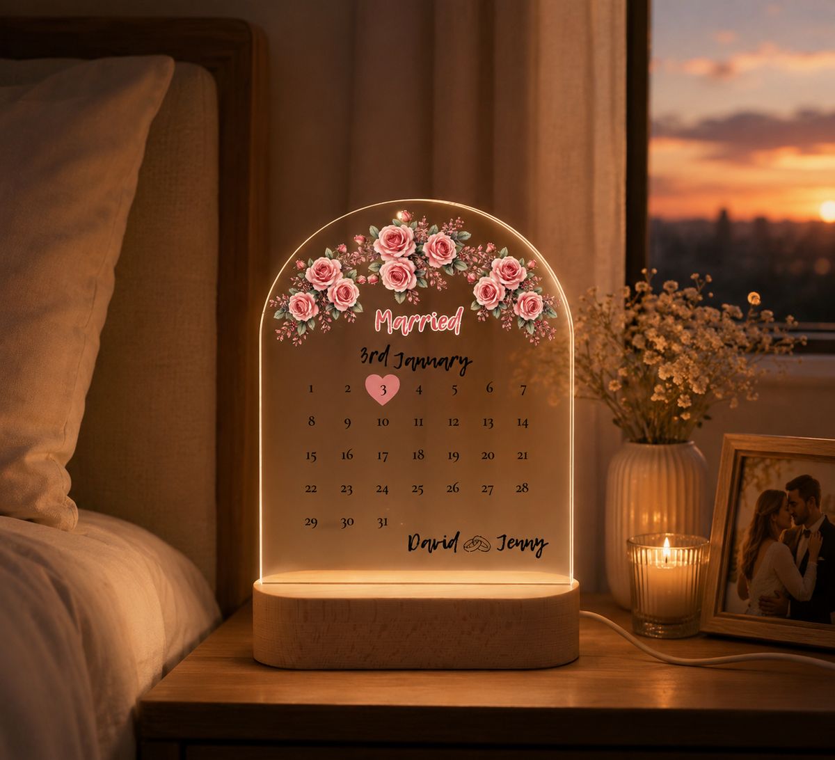 Custom Rose Married Calendar LED Lamp Wedding Gift for Newlyweds