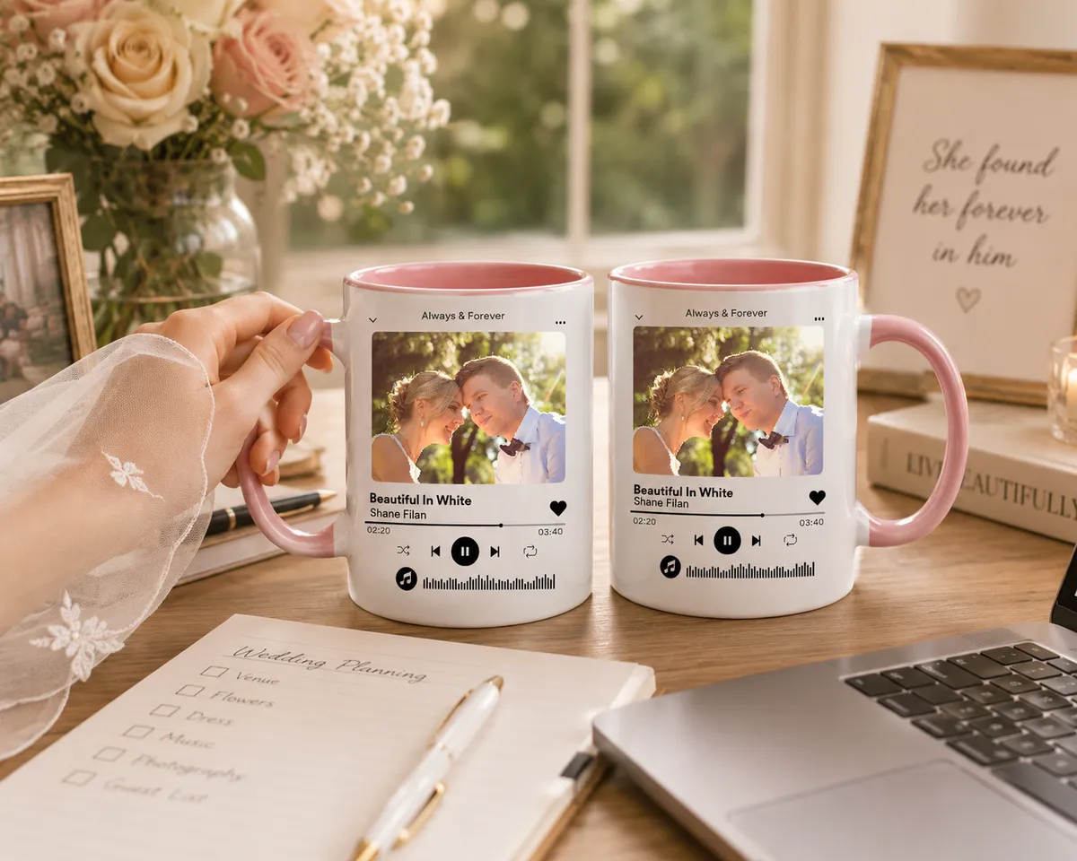 Set Of 2 Personalized Photo Music Plaque Mugs For Wedding Songs