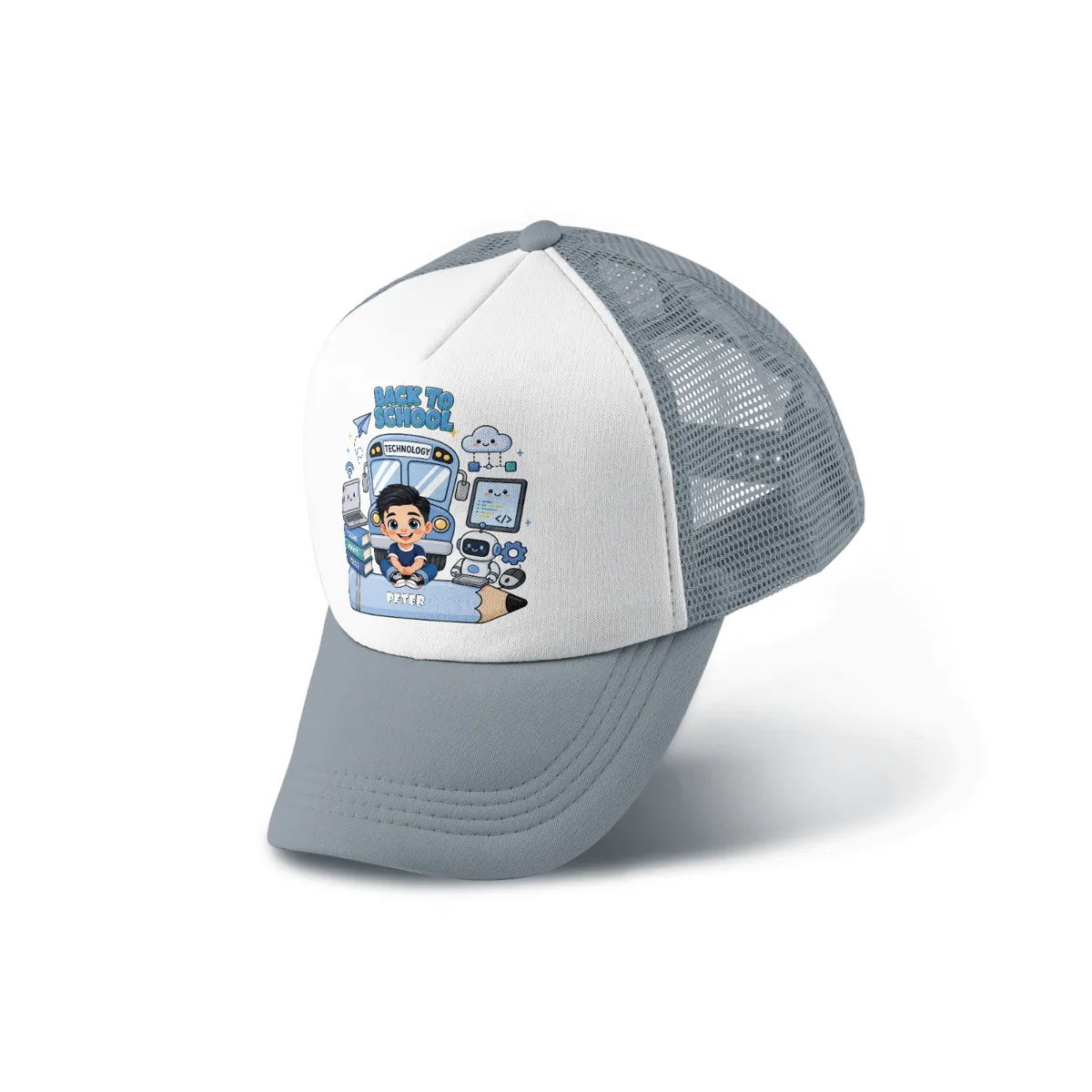 Personalized Back to School Kids Trucker Cap | Custom Name Mesh Baseball Hat | Adjustable Snapback