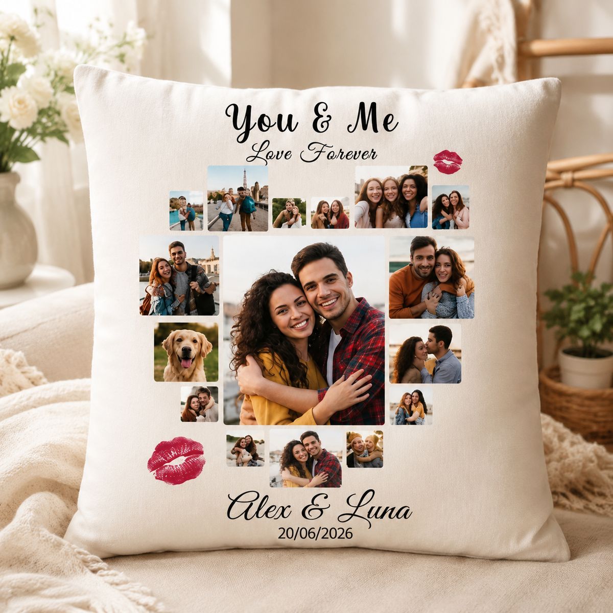 Personalized You & Me Photo Heart Collage Pillow