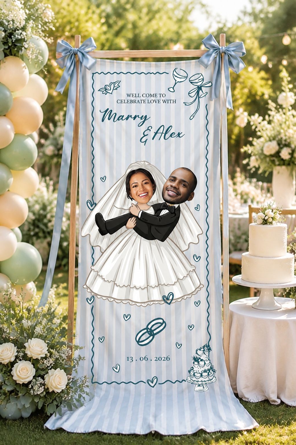 Personalized Wedding Cartoon Face Fabric Banner