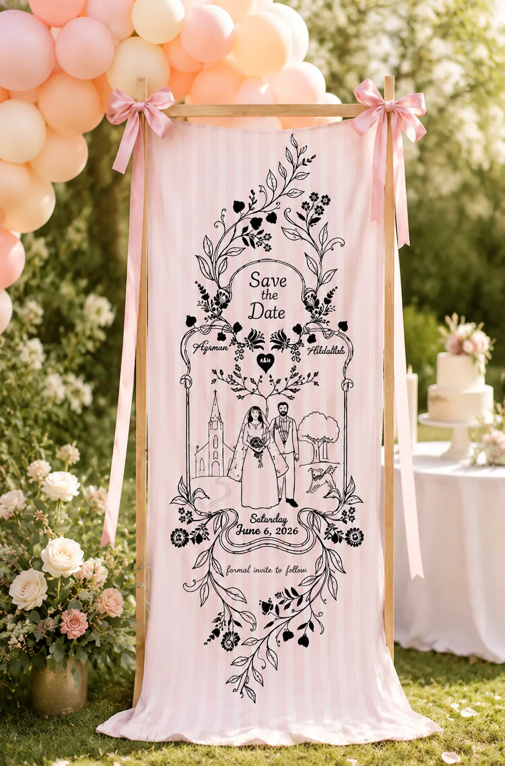 Personalized Wedding Botanical Line-Art Banner