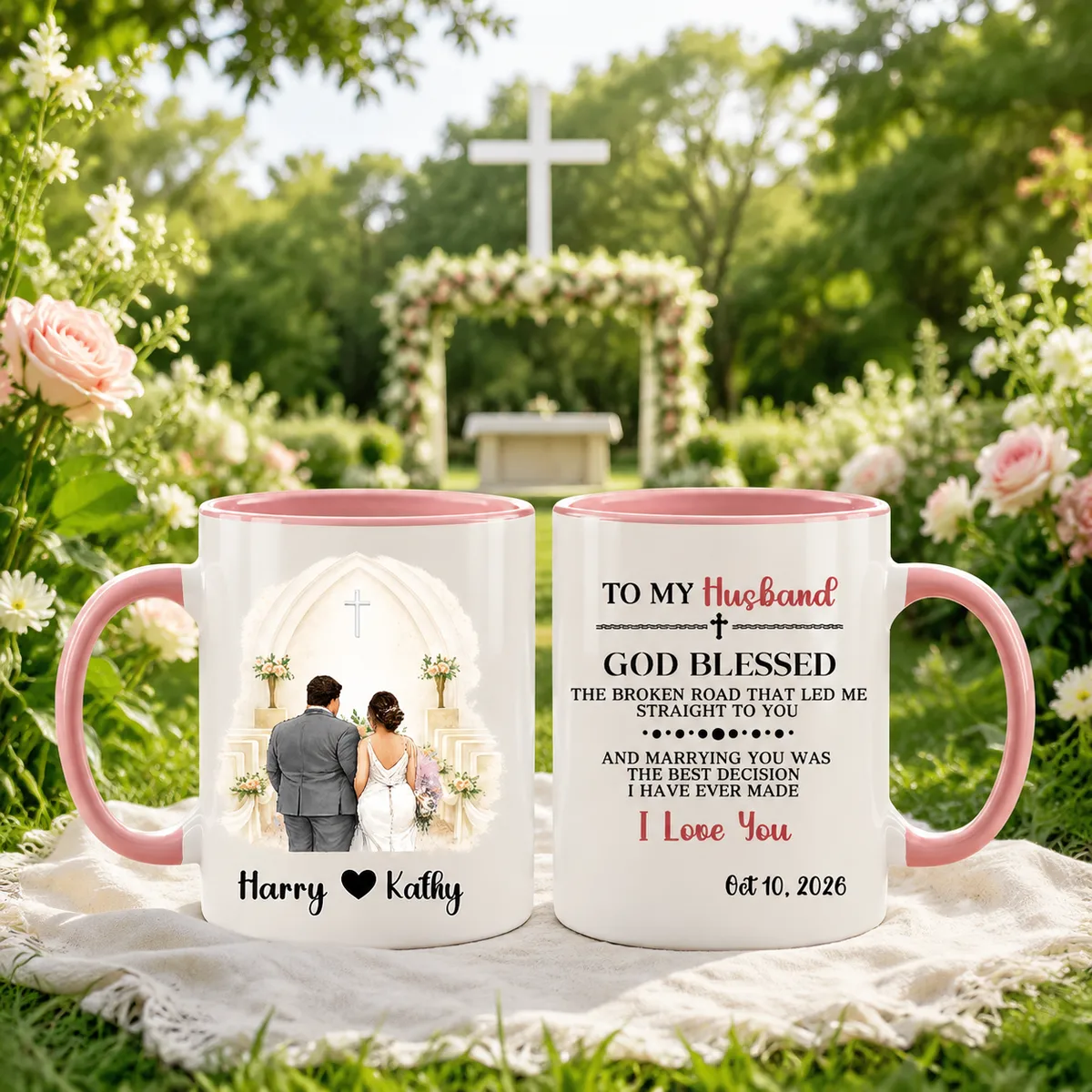 Custom Church Wedding Mug For Husband - God Blessed Broken Road Gift
