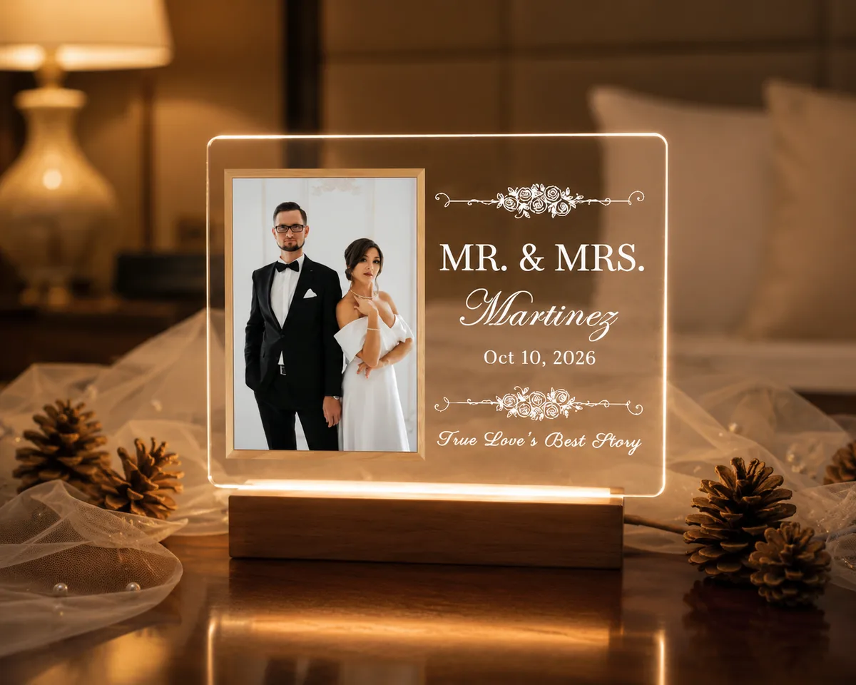Custom Acrylic Wedding Photo Night Light - Personalized Mr & Mrs Gift