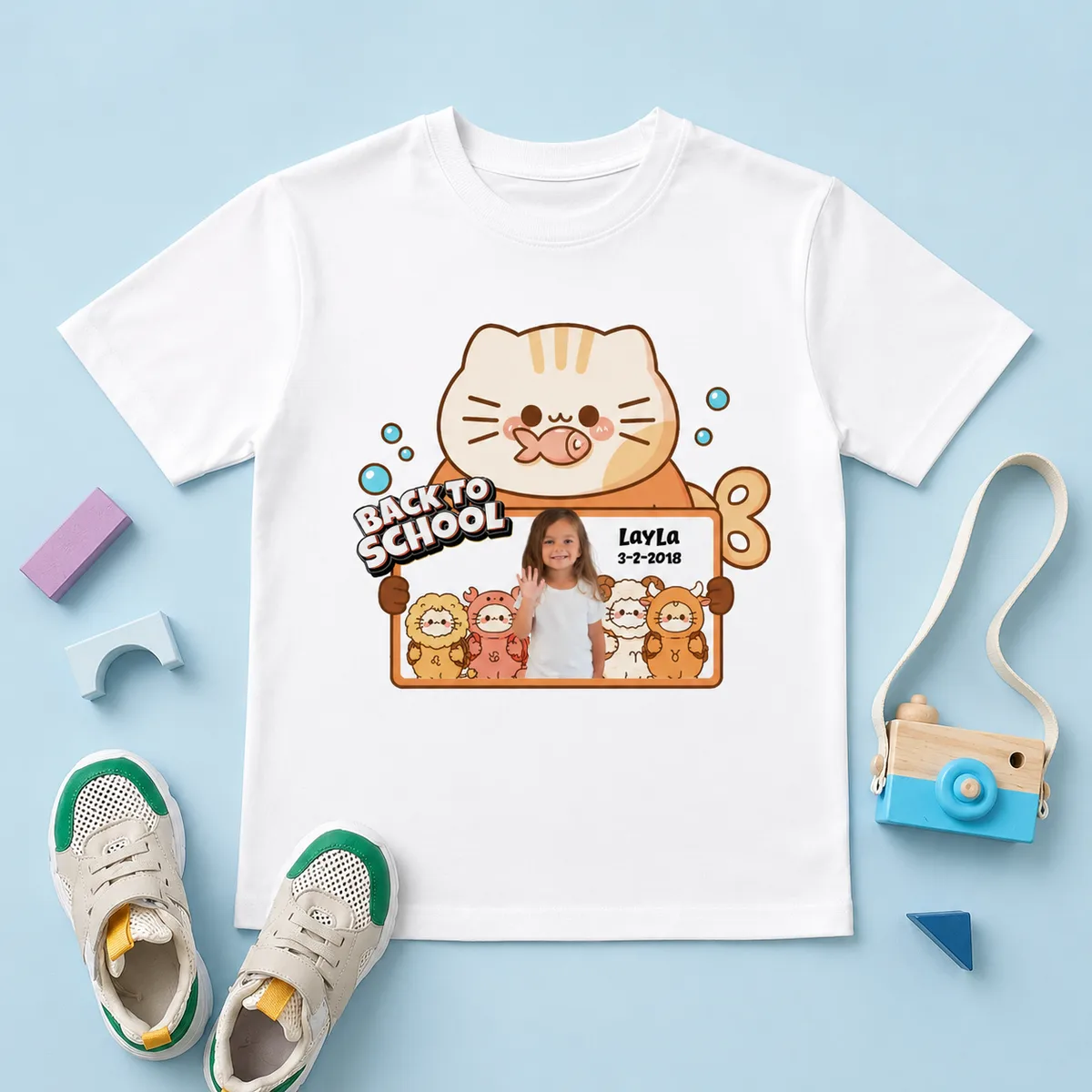 Personalized Zodiac Cat Back to School Kids T-Shirt with Photo & Name | Custom 12 Zodiac Signs School Shirt