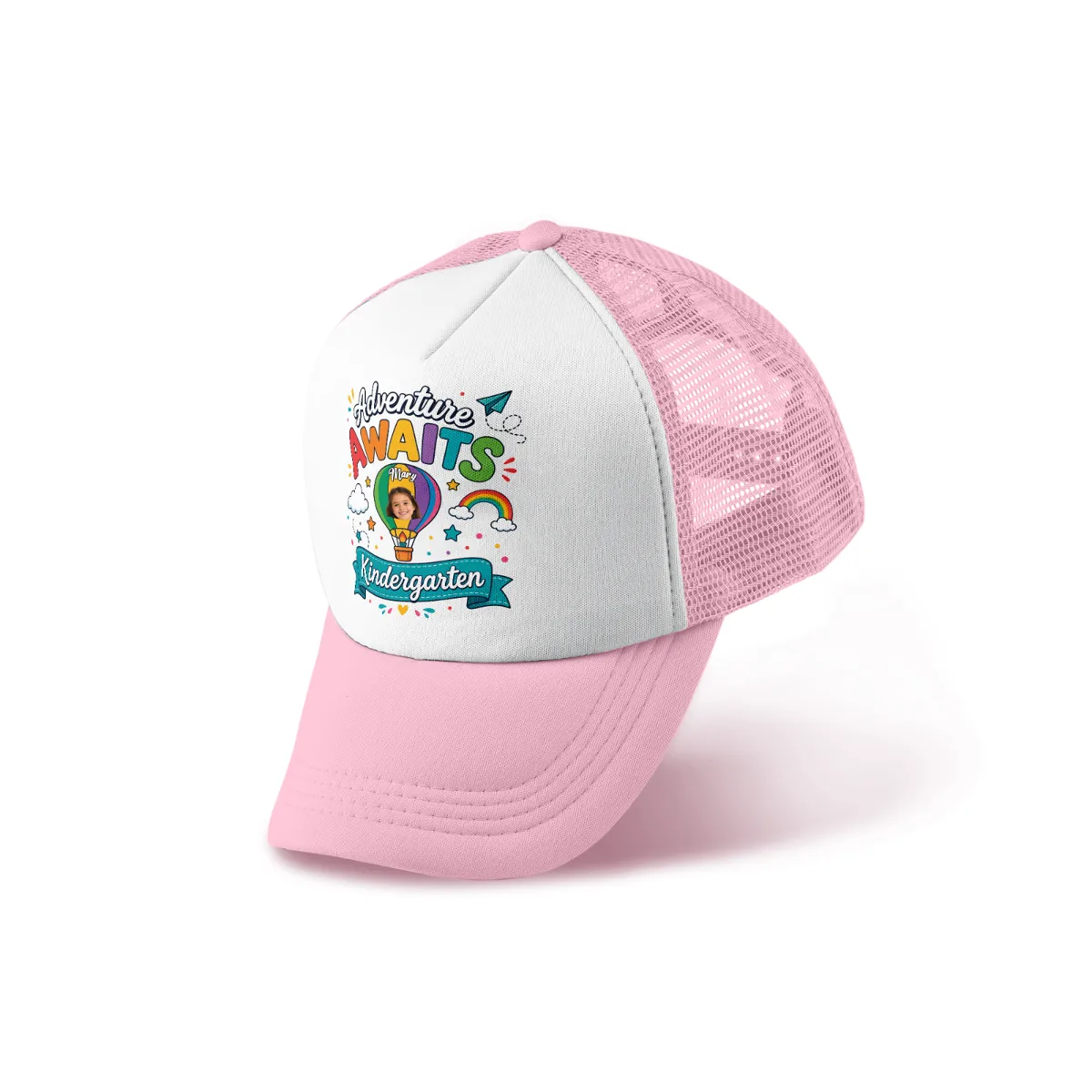 Personalized Adventure Awaits Kindergarten Trucker Hat – Custom Photo & Name Back to School Cap for Kids