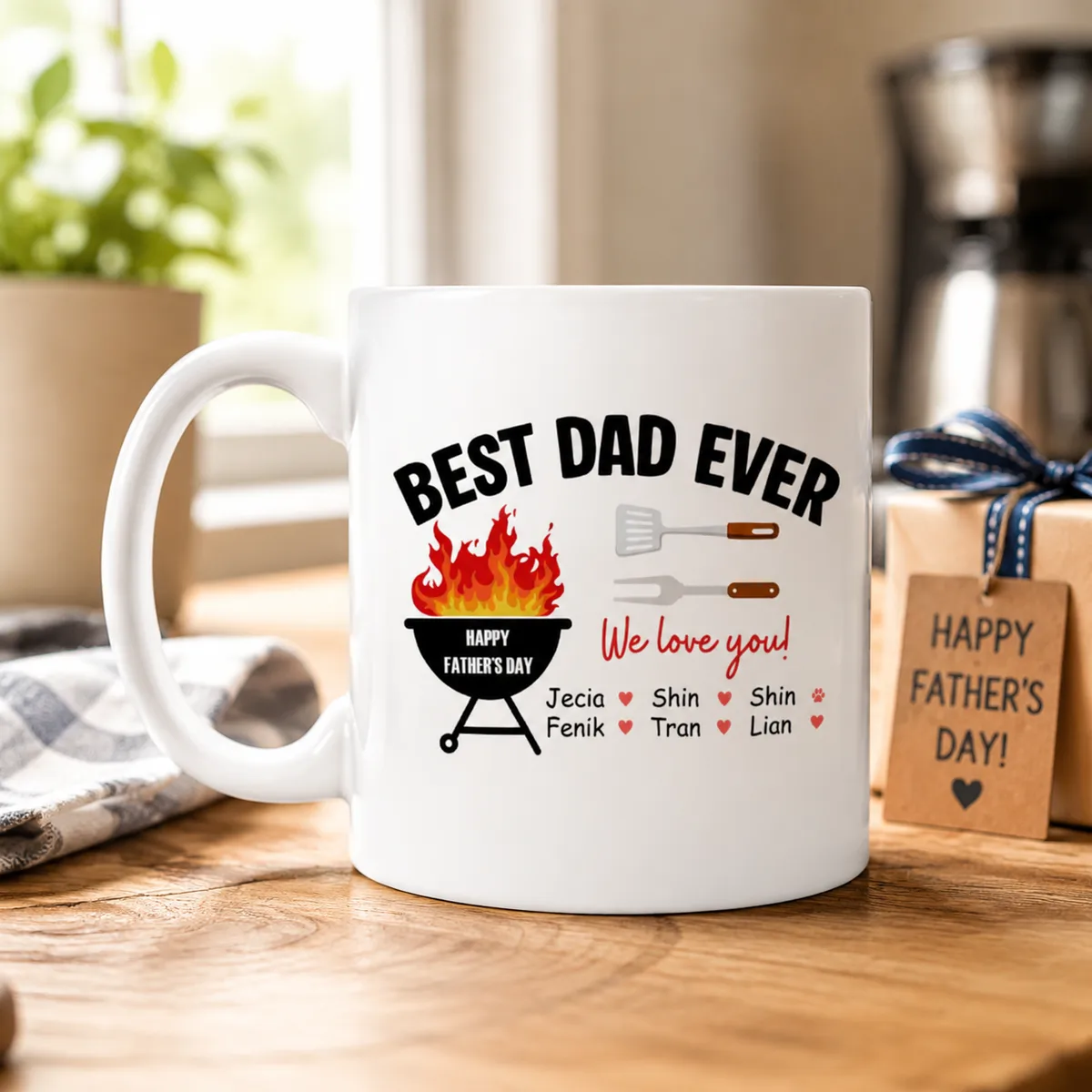 Best Dad Ever Personalized Father's Day Mug – Custom Kids Names BBQ Coffee Mug – Gift for Dad from Children – Ceramic Father's Day Cup