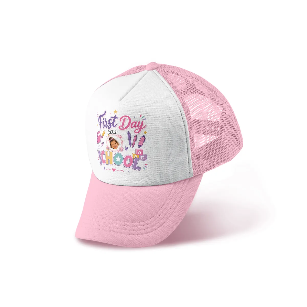 Personalized First Day of School Kids Trucker Hat with Photo – Custom Back to School Mesh Cap for Boys & Girls