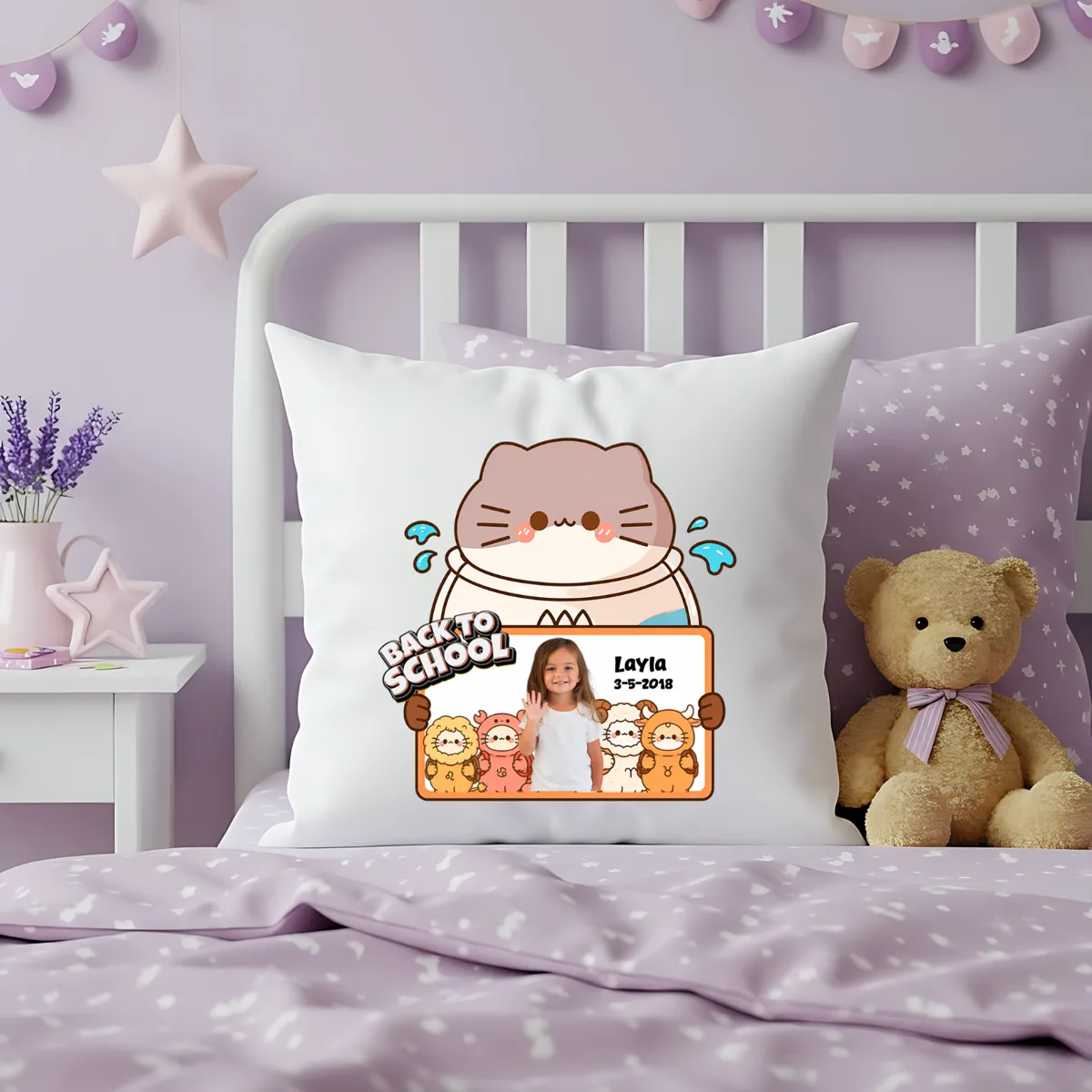 Personalized Back to School Cat Photo Pillow | Custom Kids School Memory Throw Pillow Gift