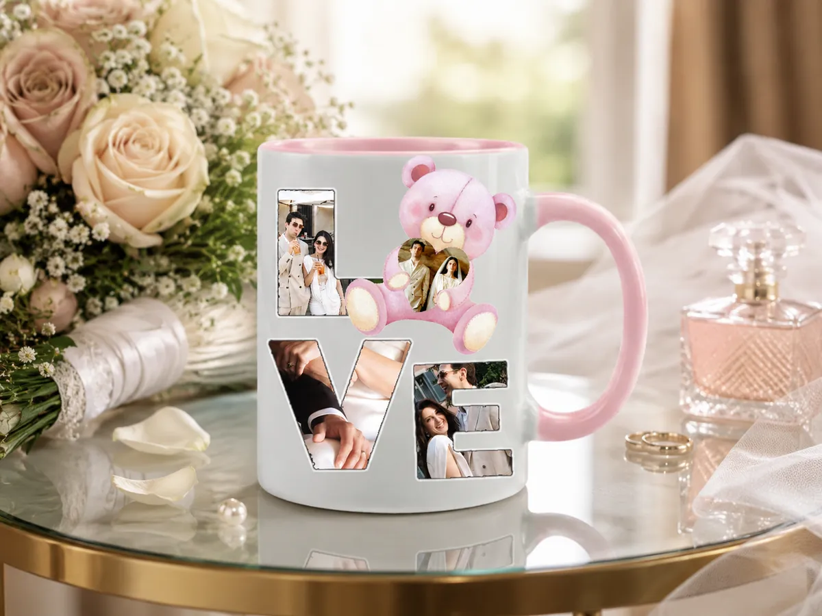 Custom LOVE! Letters Photo Collage Coffee Mug, Personalized Pink Teddy Bear Picture Cup, Anniversary Gift for Couple