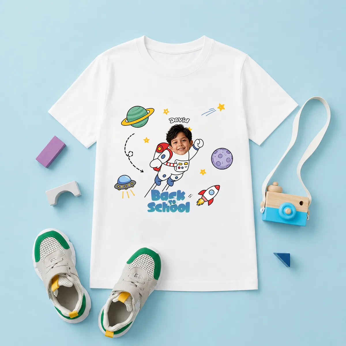 Personalized Back to School Astronaut Shirt | Custom Photo & Name Kids T-Shirt | Space Theme First Day of School Gift