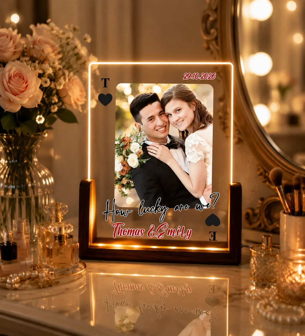 Personalized Playing Card Photo Night Light, "How Lucky Are We" Custom Wedding LED Lamp, Red Black Jack Ace Couples Anniversary Acrylic Plaque Gift