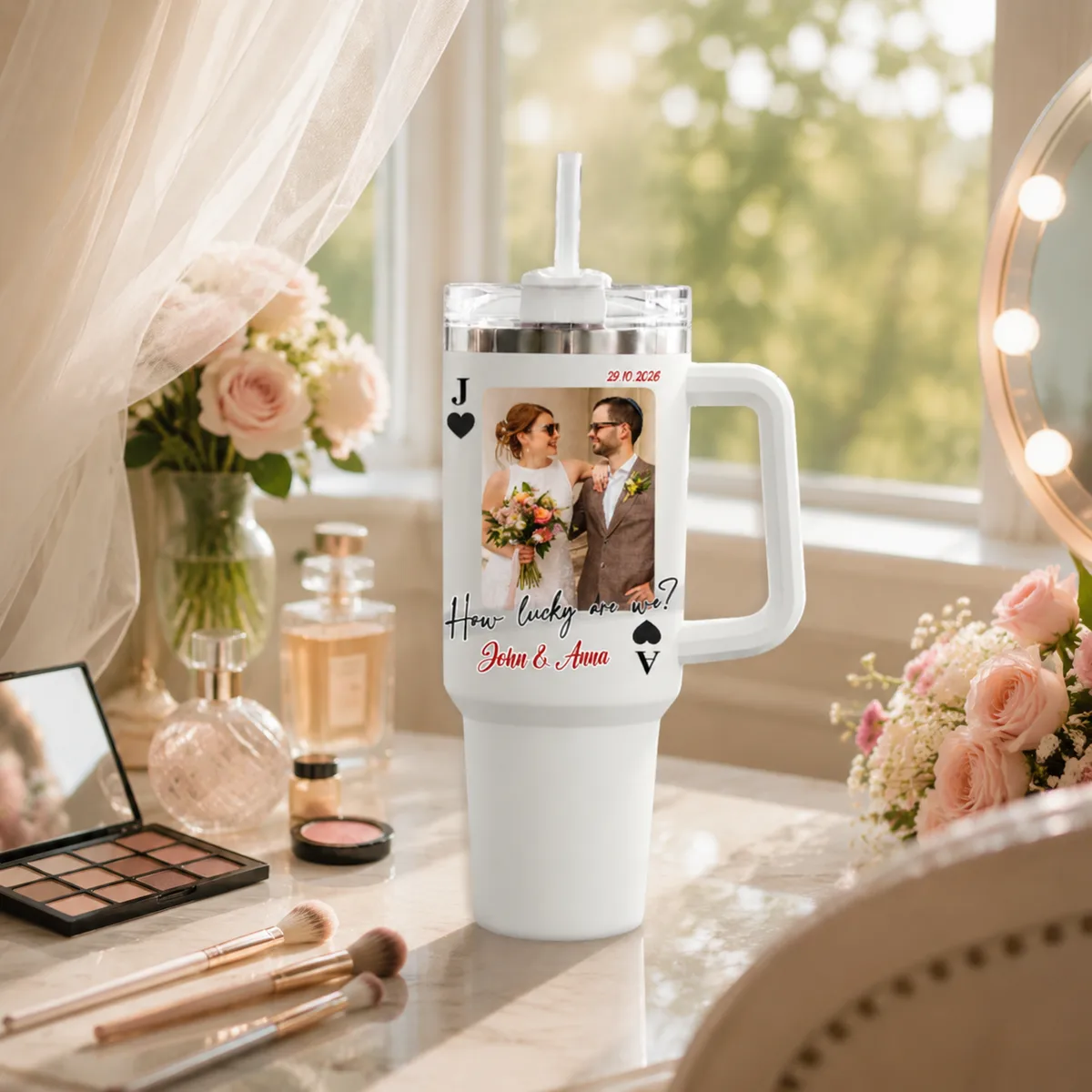 Personalized Playing Card Photo 40oz Tumbler, "How Lucky Are We" Custom Wedding Coffee Cup, Red and Black Jack Ace Couples Anniversary Gift for Mr and Mrs