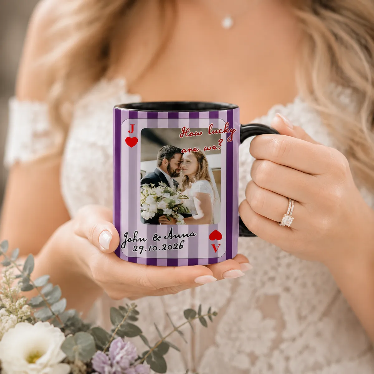 Personalized Playing Card Wedding Photo Mug, "How Lucky Are We" Custom Striped Coffee Cup for Couple, Black Accent Mr and Mrs Anniversary Gift