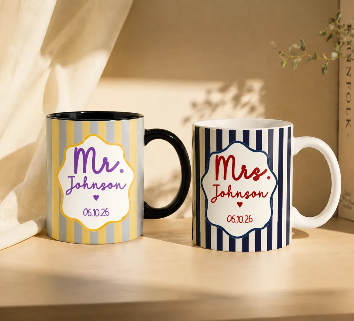 Personalized Mr Mrs Brown Striped Mug, Custom Wedding Coffee Cup with Retro Wavy Frame, Black Accent Newly Engaged Gift for Bride Groom