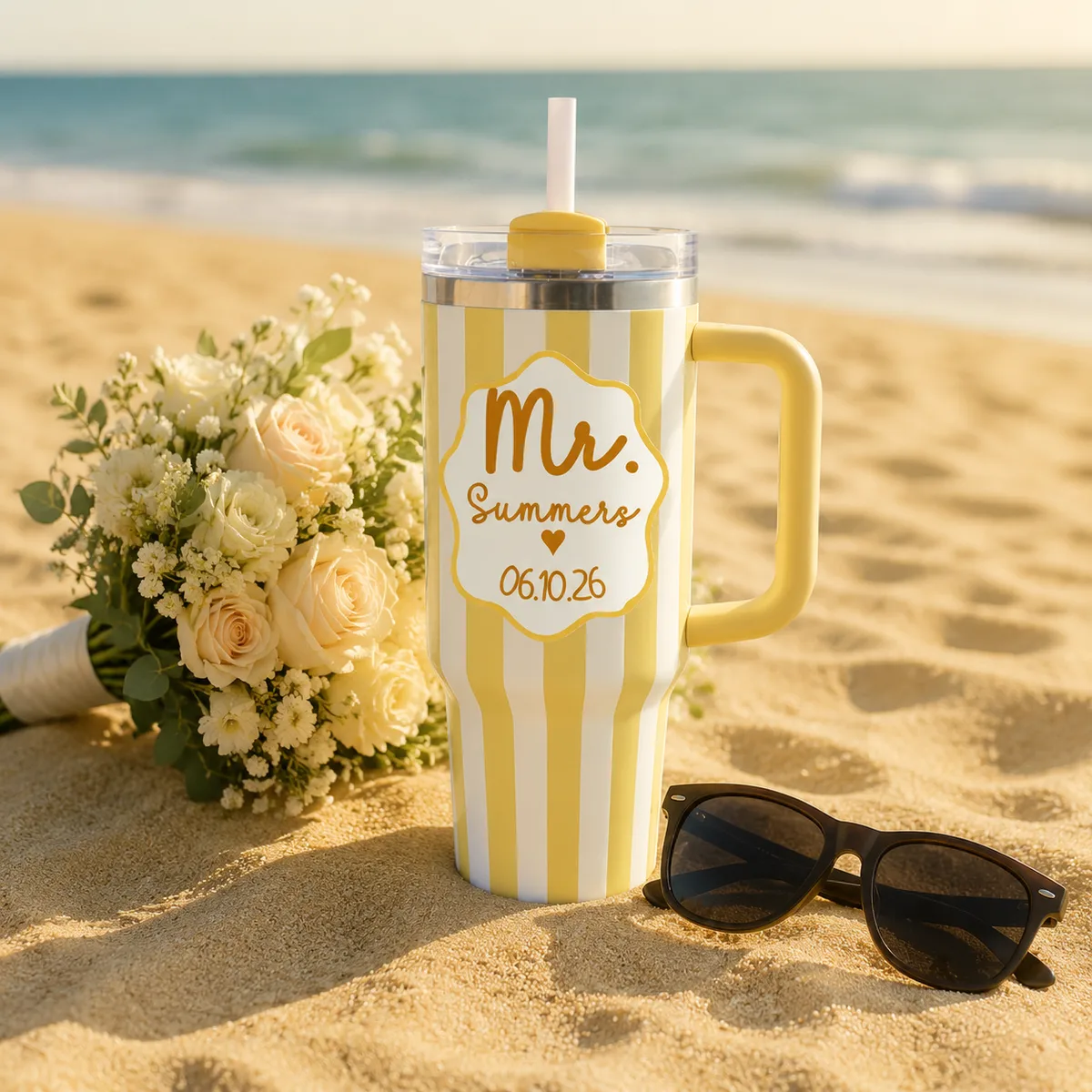 Retro Striped Custom Mr and Mrs 40oz Tumbler, Personalized Wavy Badge Wedding Travel Mug with Handle, Black Accent Couples Engagement Anniversary Gift