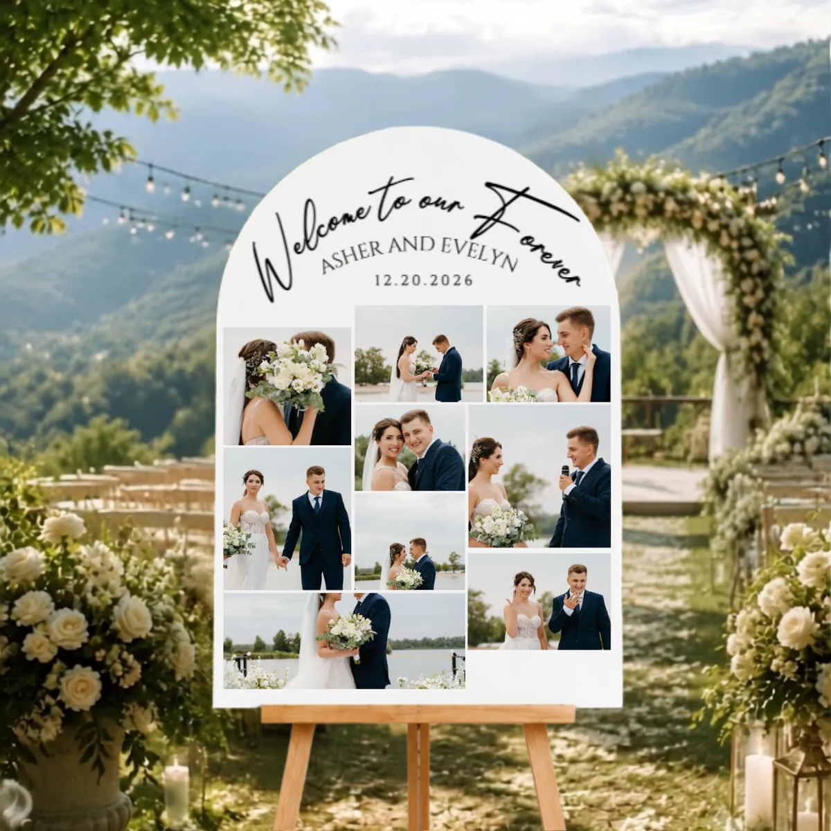 Elegant Wedding Love Marriage Photo Sign, Personalized Arch Picture Collage Welcome Board, Custom Foam Board Display for Reception Entrance