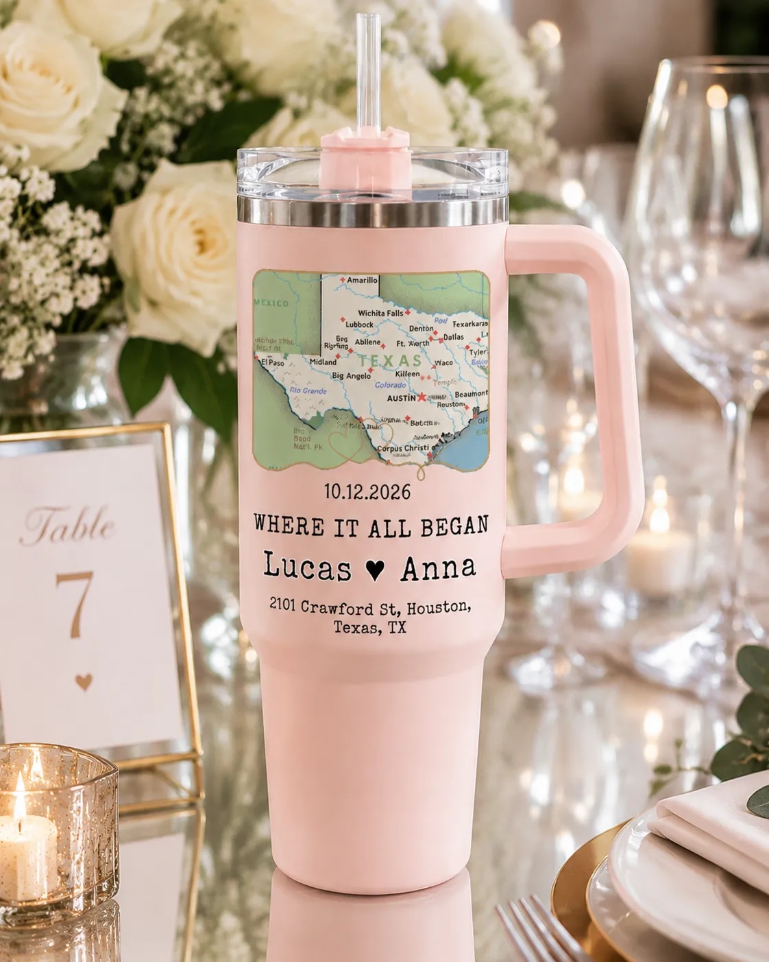 Personalized Wedding Love Marriage Map Tumbler, Custom Insulated Travel Cup for Wedding Couple, Long Love Distance Anniversary Gift