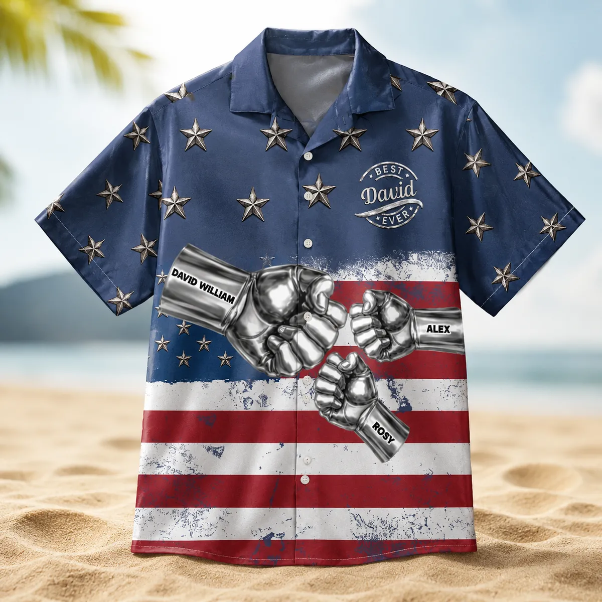 Patriotic Family Shirt, Bold Chrome Fist Artwork - Custom Name And Kids Hawaiian Shirt, Perfect for Summer or Father’s Day