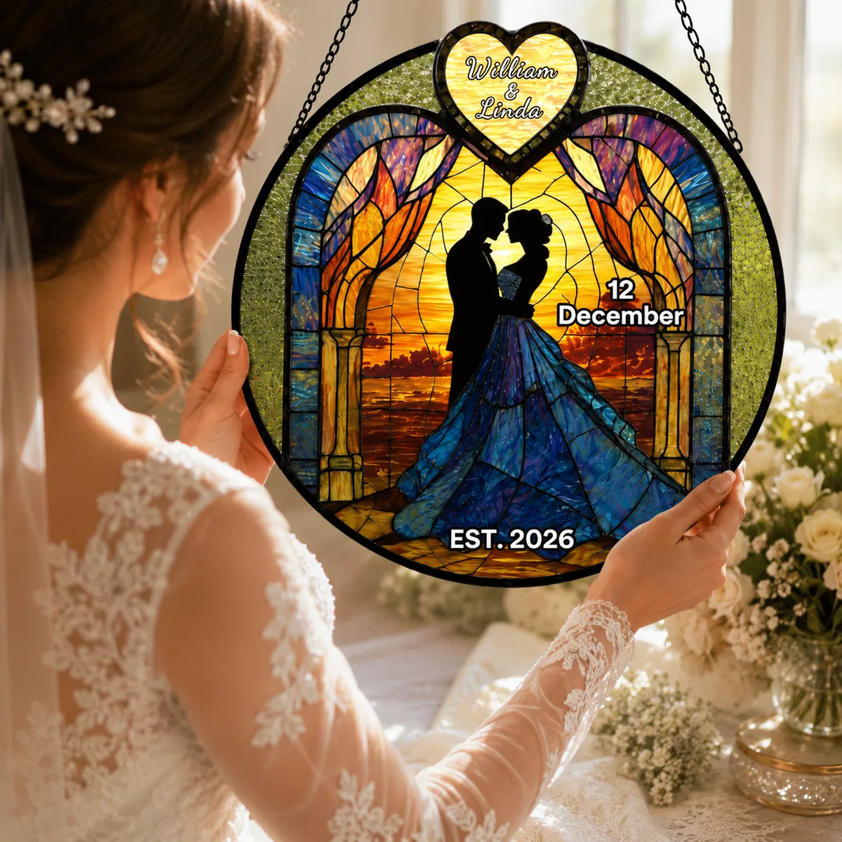 Custom Name Stained Glass Suncatcher Portrait for Wedding Couple, Personalized Window Hanging Decor, Romantic Wedding Love Marriage Celebration Gift