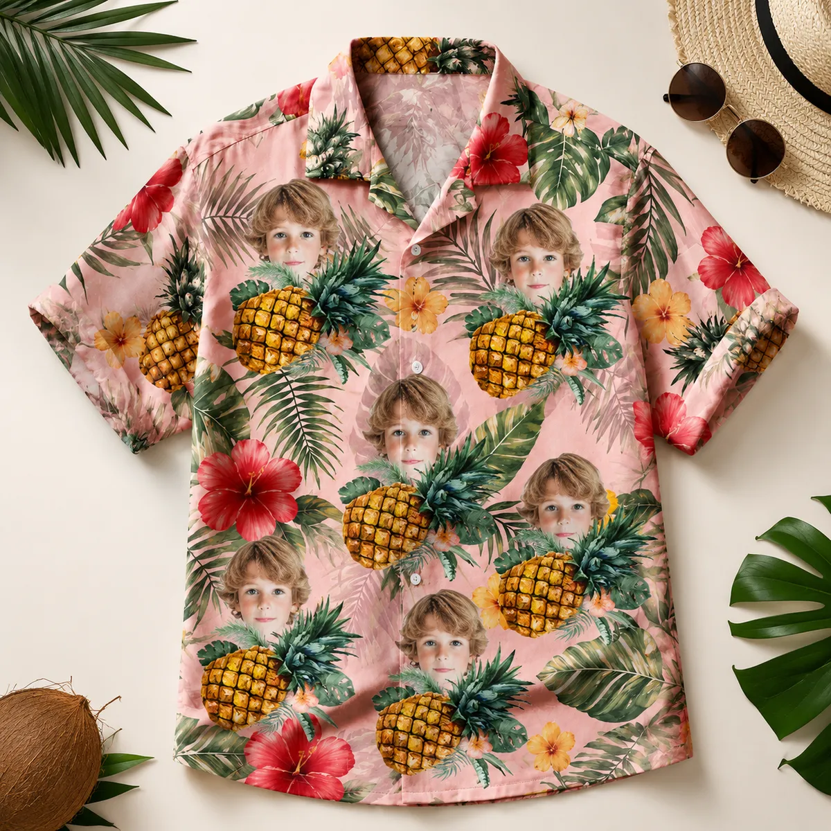 Customizable Family T-Shirt - Upload Kids’ Faces on Hawaiian Shirt